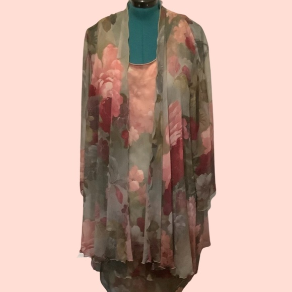 Vintage Peach and Gray Scalloped Tiered Dress and Sheer Matching Cover - Size 16 - Picture 3 of 9